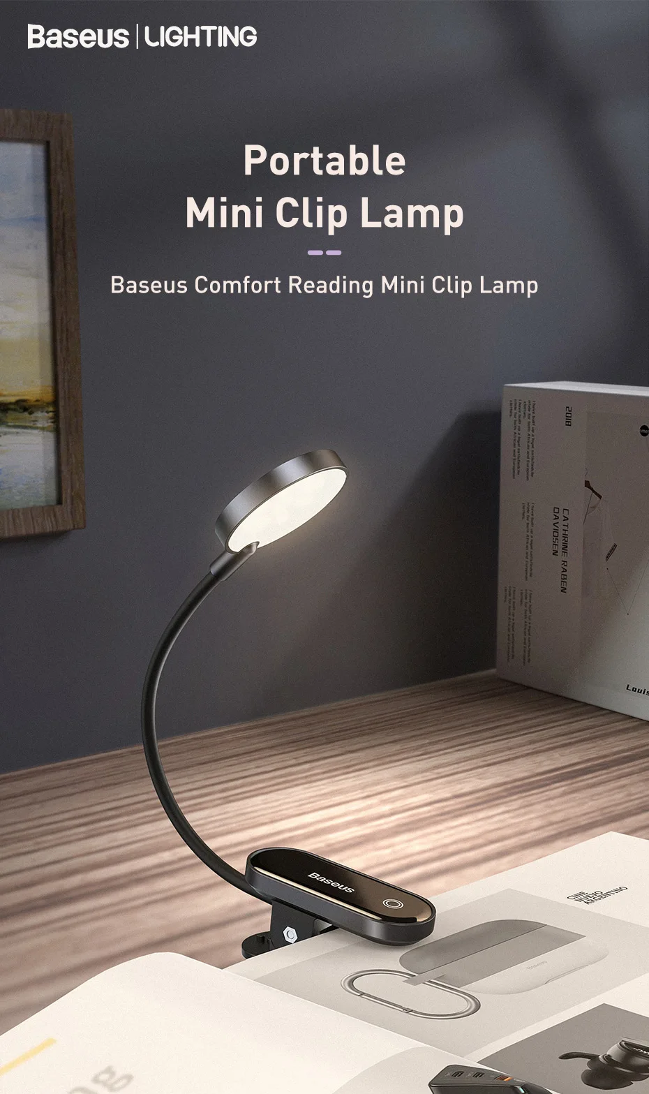 Baseus Portable Desk Lamp LED Mini Clip USB Rechargeable Table Lamp Stepless Dimming for Laptop Reading Bedside Soft Night Light