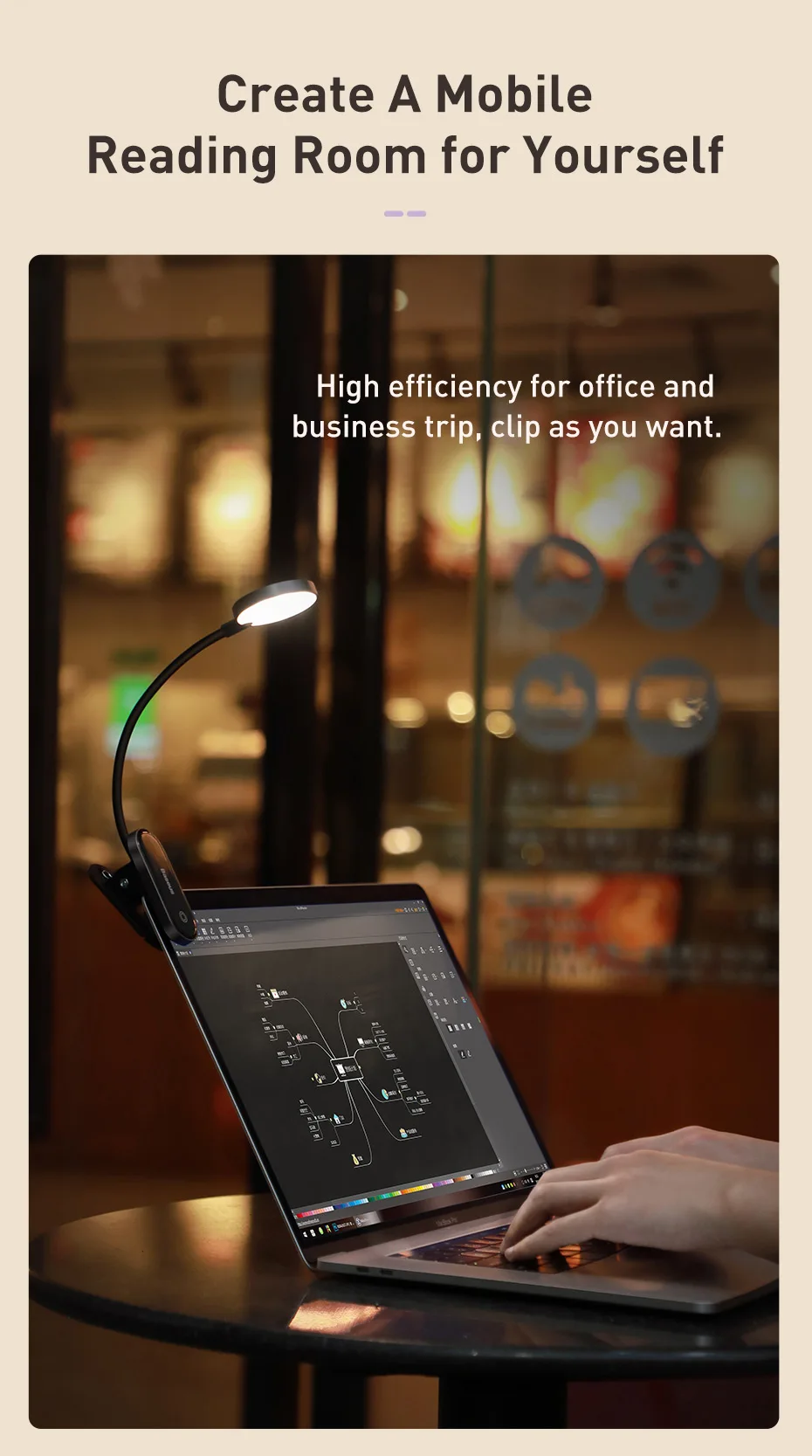 Baseus Portable Desk Lamp LED Mini Clip USB Rechargeable Table Lamp Stepless Dimming for Laptop Reading Bedside Soft Night Light
