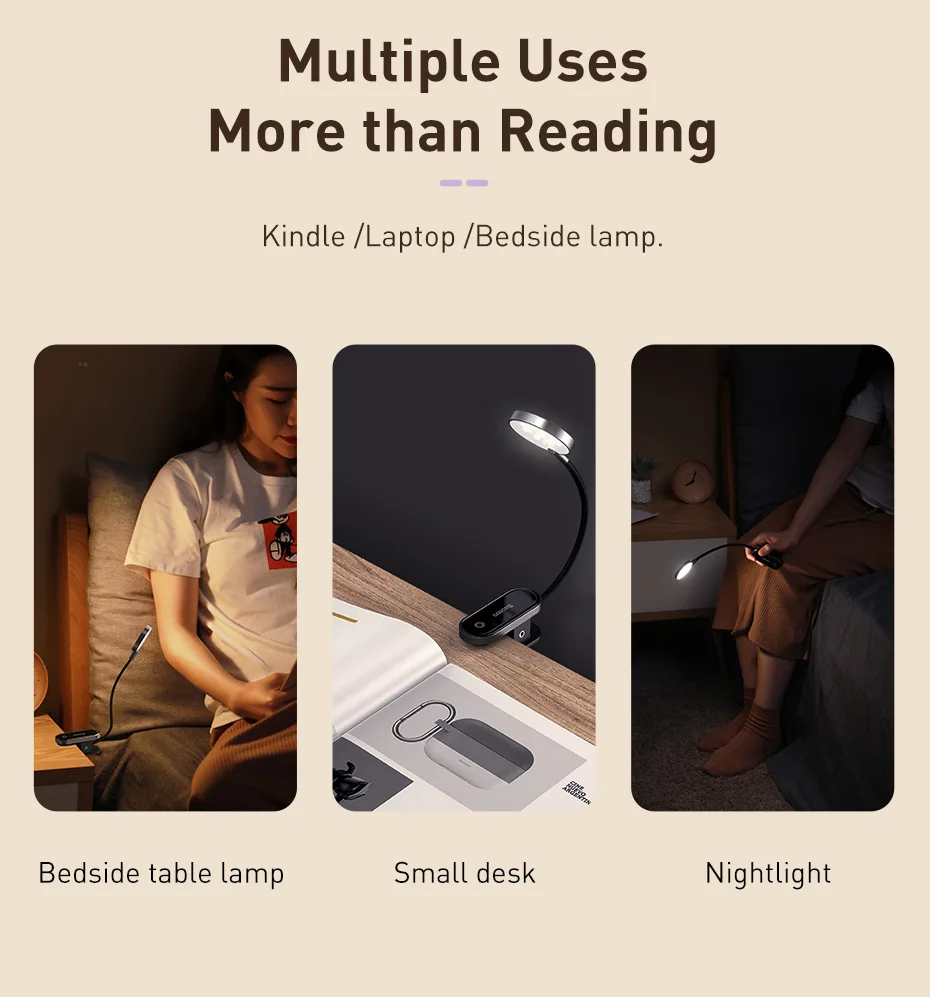 Baseus Portable Desk Lamp LED Mini Clip USB Rechargeable Table Lamp Stepless Dimming for Laptop Reading Bedside Soft Night Light