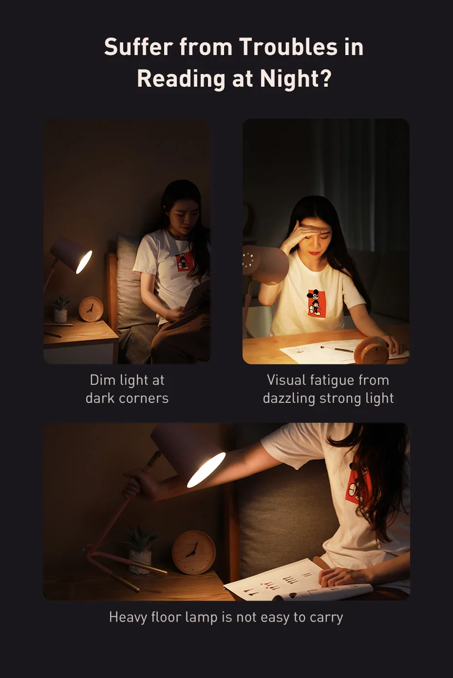 Baseus Portable Desk Lamp LED Mini Clip USB Rechargeable Table Lamp Stepless Dimming for Laptop Reading Bedside Soft Night Light