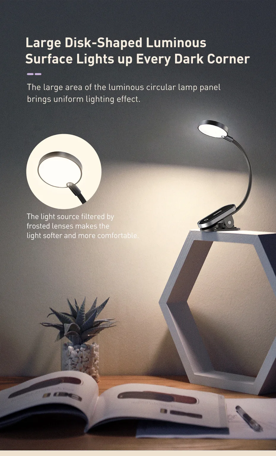Baseus Portable Desk Lamp LED Mini Clip USB Rechargeable Table Lamp Stepless Dimming for Laptop Reading Bedside Soft Night Light