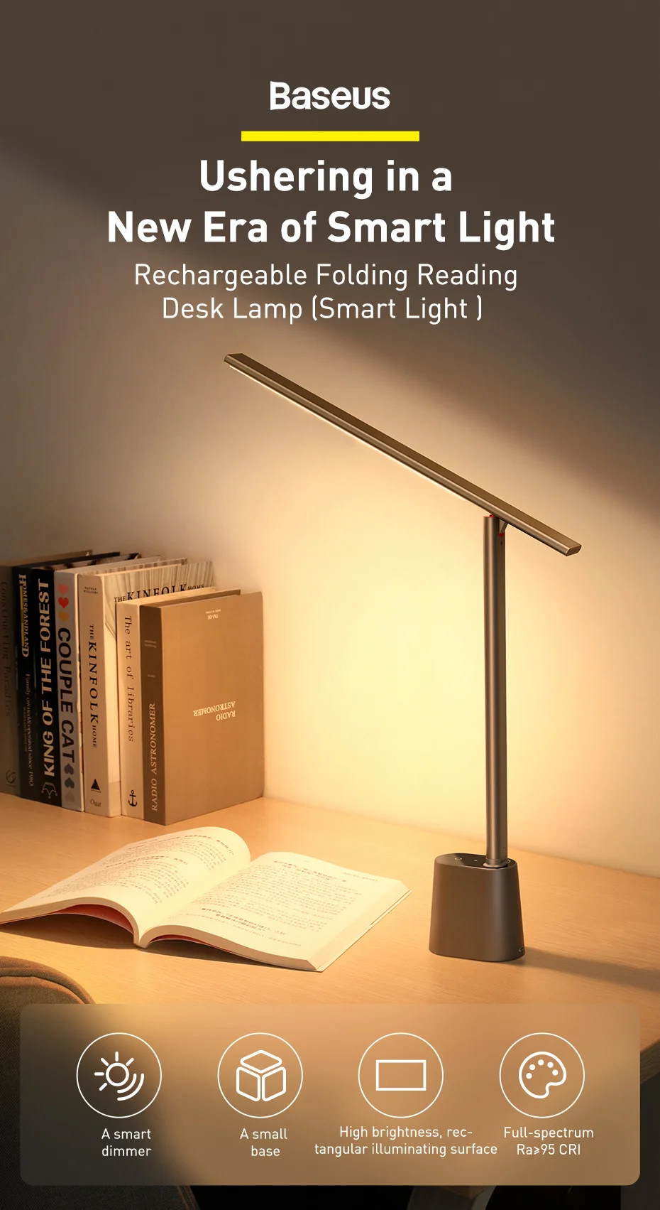 Baseus Desk Lamp 180° Foldable LED Table Lamp Rechargeable Auto Dimming Smart Eye Protection Study Reading Room Night Light Lamp