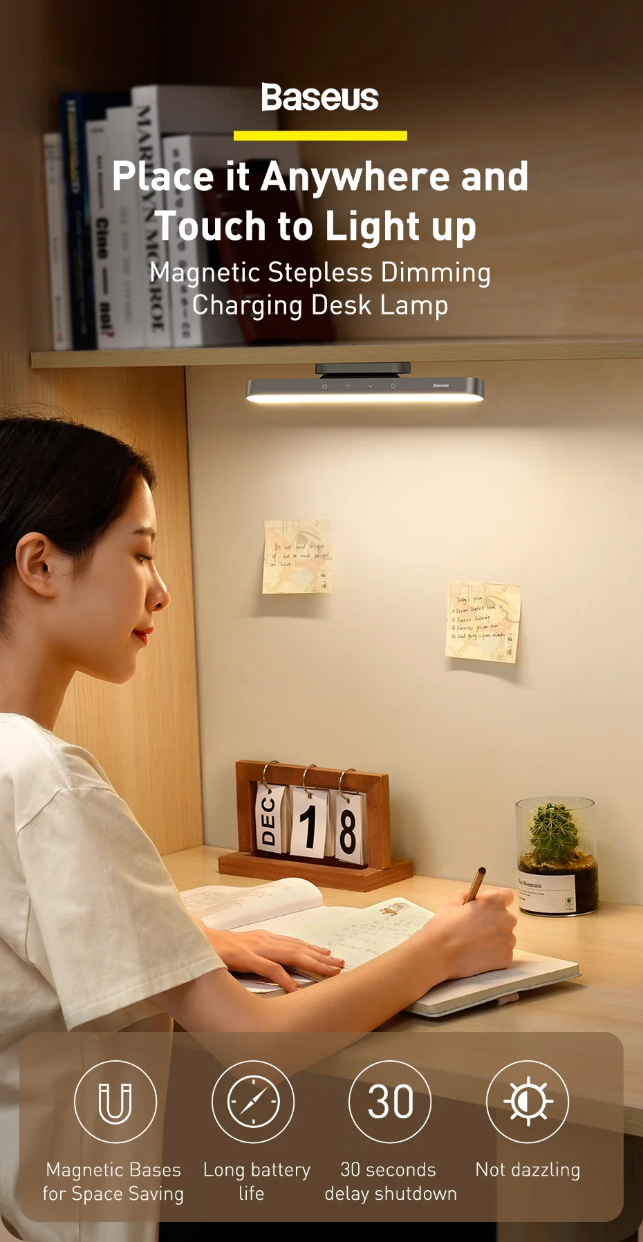 Baseus Magnetic Desk Lamp Dimmable LED Table Lamp USB Rechargeable Cabinet Closet Wardrobe Bedside Reading Hanging Night Light