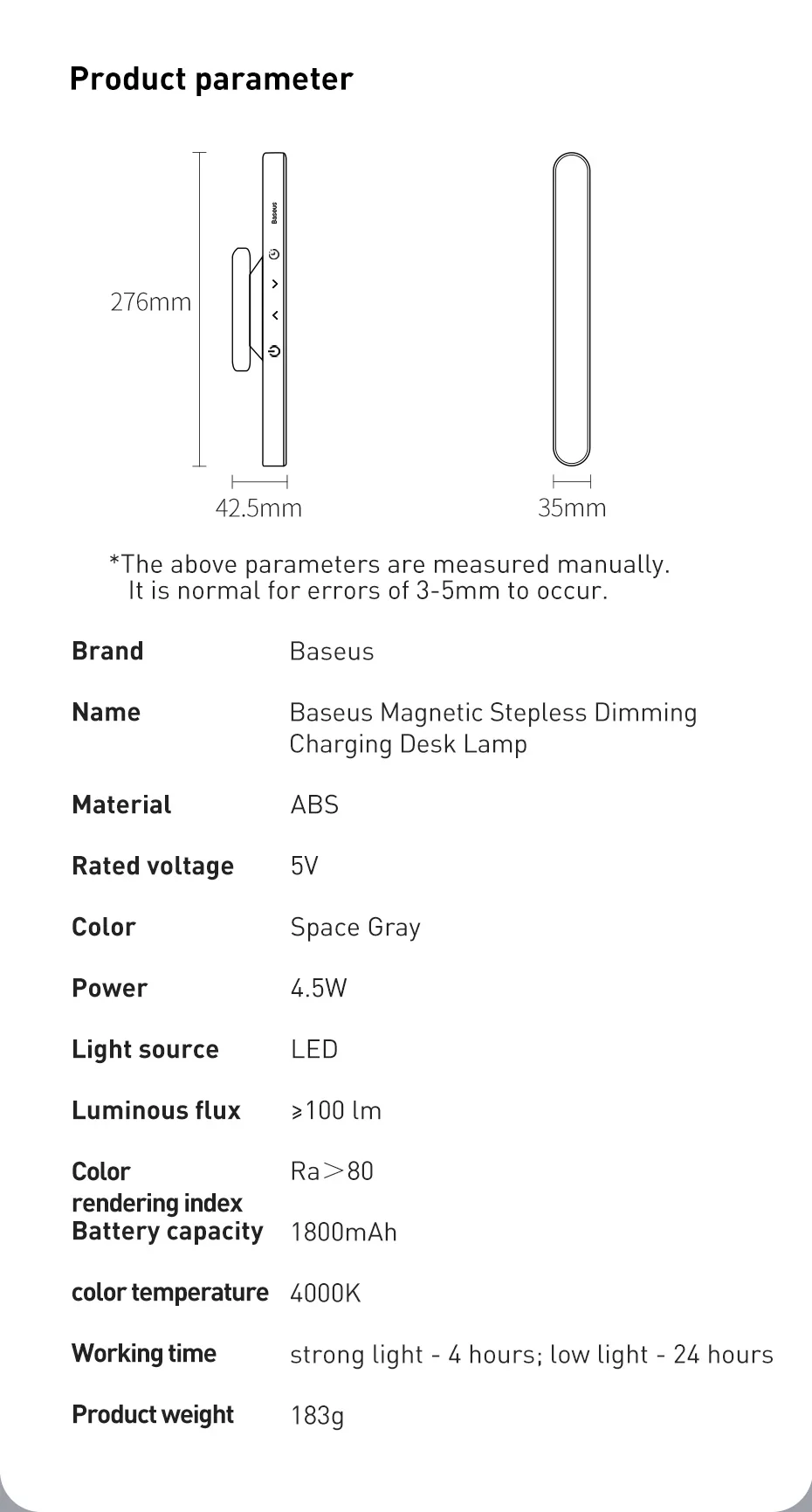 Baseus Magnetic Desk Lamp Dimmable LED Table Lamp USB Rechargeable Cabinet Closet Wardrobe Bedside Reading Hanging Night Light