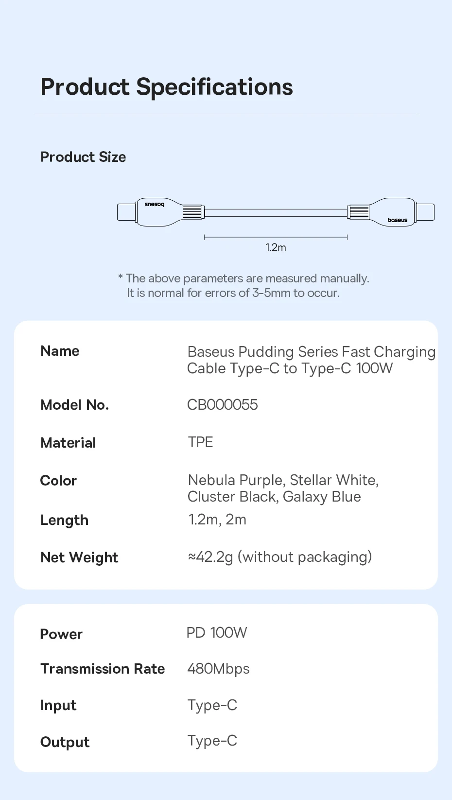 Baseus PD 100W USB C To USB Type C Cable For Macbook Fast Charging Charger Wire Cord For iPhone 16 15 Type-C Cable For Xiaomi