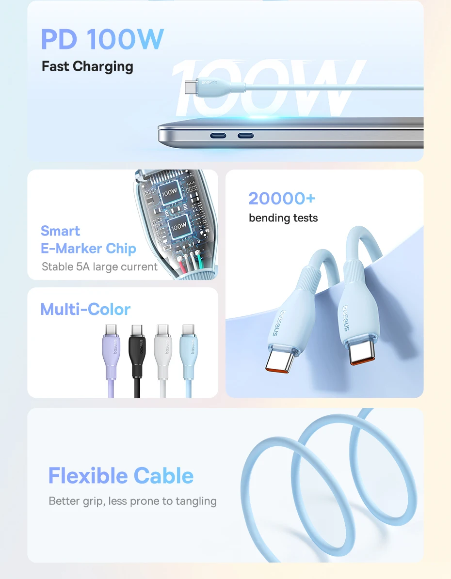Baseus PD 100W USB C To USB Type C Cable For Macbook Fast Charging Charger Wire Cord For iPhone 16 15 Type-C Cable For Xiaomi
