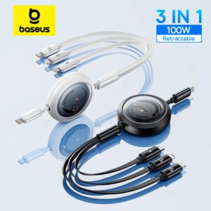 Baseus Free2Draw Retractable Crystal 100W 3-in-1 Fast Charging Cable USB-C to Micro USB & Lightning