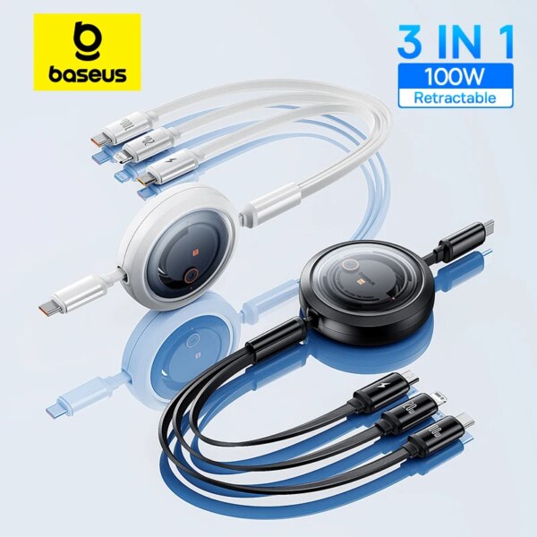 Baseus Free2Draw Retractable Crystal 100W 3-in-1 Fast Charging Cable USB-C to Micro USB & Lightning
