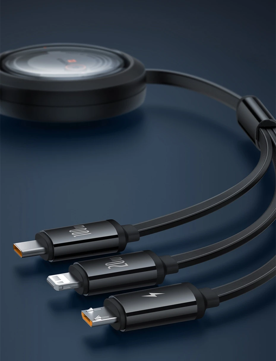 Baseus Retractable 100W 3 in 1 Fast USB Cable for Macbook iPad Portable 3 in 1 Type C Charger Cable For iPhone 16 15 Samsung