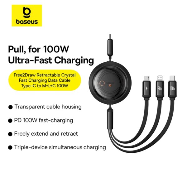 Baseus Free2Draw Retractable Crystal 100W 3-in-1 Fast Charging Cable USB-C to Micro USB & Lightning - Image 2