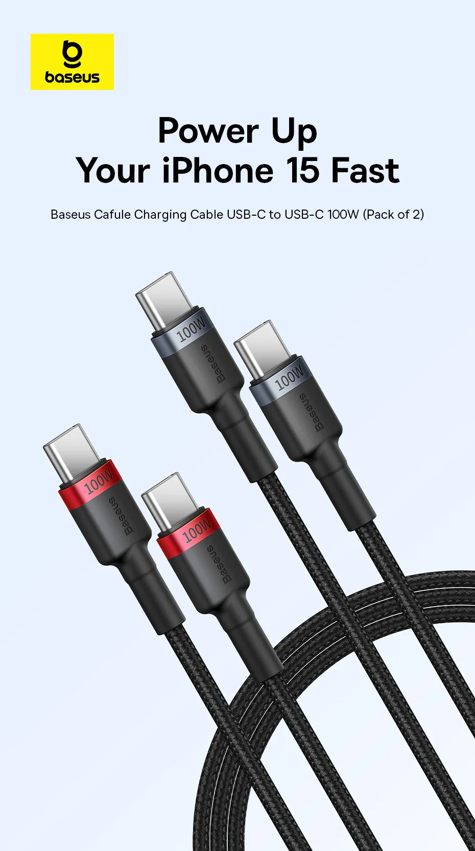 Baseus 2PCS 100W USB C To USB Type C Cable For iPhone 16 15 Plus Promax USB C Fast Charger Cord USB-C Type-c Cable For Macbook