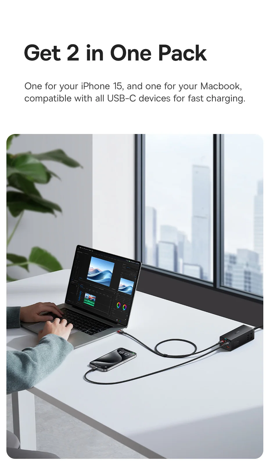 Baseus 2PCS 100W USB C To USB Type C Cable For iPhone 16 15 Plus Promax USB C Fast Charger Cord USB-C Type-c Cable For Macbook