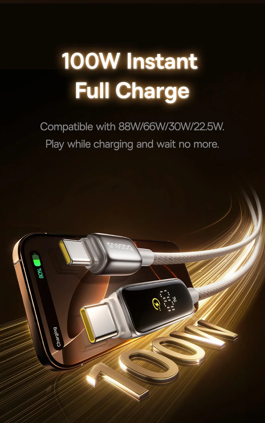 Baseus PD 100W USB C Cable For iPhone 16 15 Digital Display Type C Cable For Macbook iPad Fast Charging Cable For Samsung Xiaomi