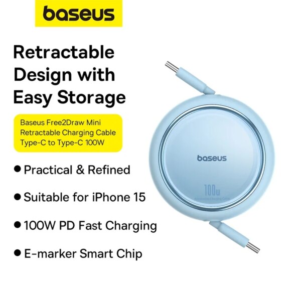 Baseus Free2Draw Mini Retractable USB C to USB C Cable 100W PD Fast Charging - Image 6