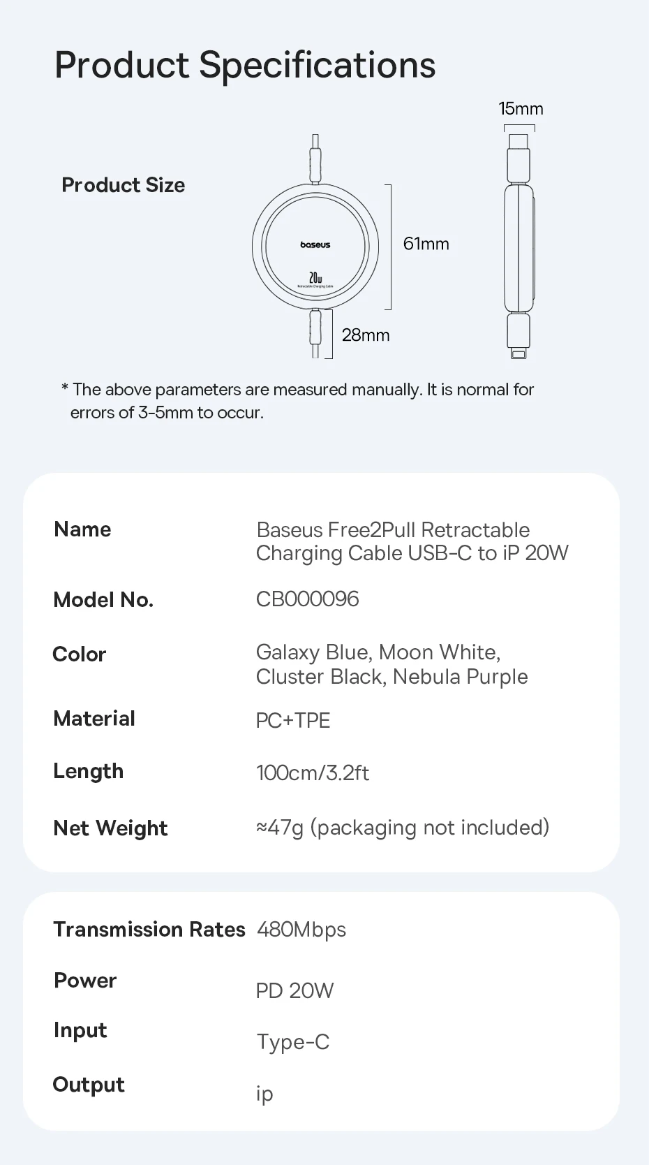 Baseus 2/5PCS Retractable PD 20W USB C Cable For iPhone 14 13 12 Pro Max iPad Macbook Wire Fast Charging Type C Data Cord