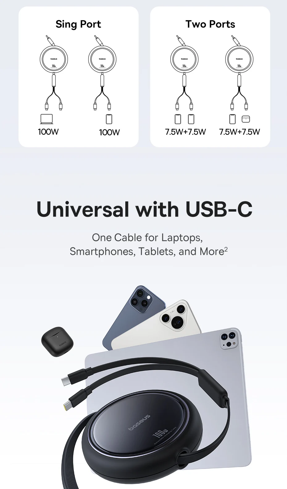 Baseus Retractable 2 in 1 USB C Cable For iphone 16 15 pro max 100W Type C Cable For Macbook Fast Charging for Huawei Xiaomi