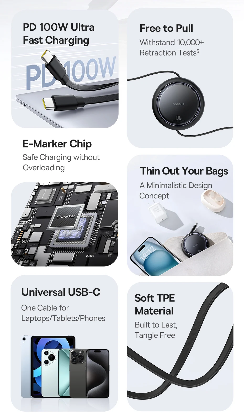 Baseus Retractable 2 in 1 USB C Cable For iphone 16 15 pro max 100W Type C Cable For Macbook Fast Charging for Huawei Xiaomi