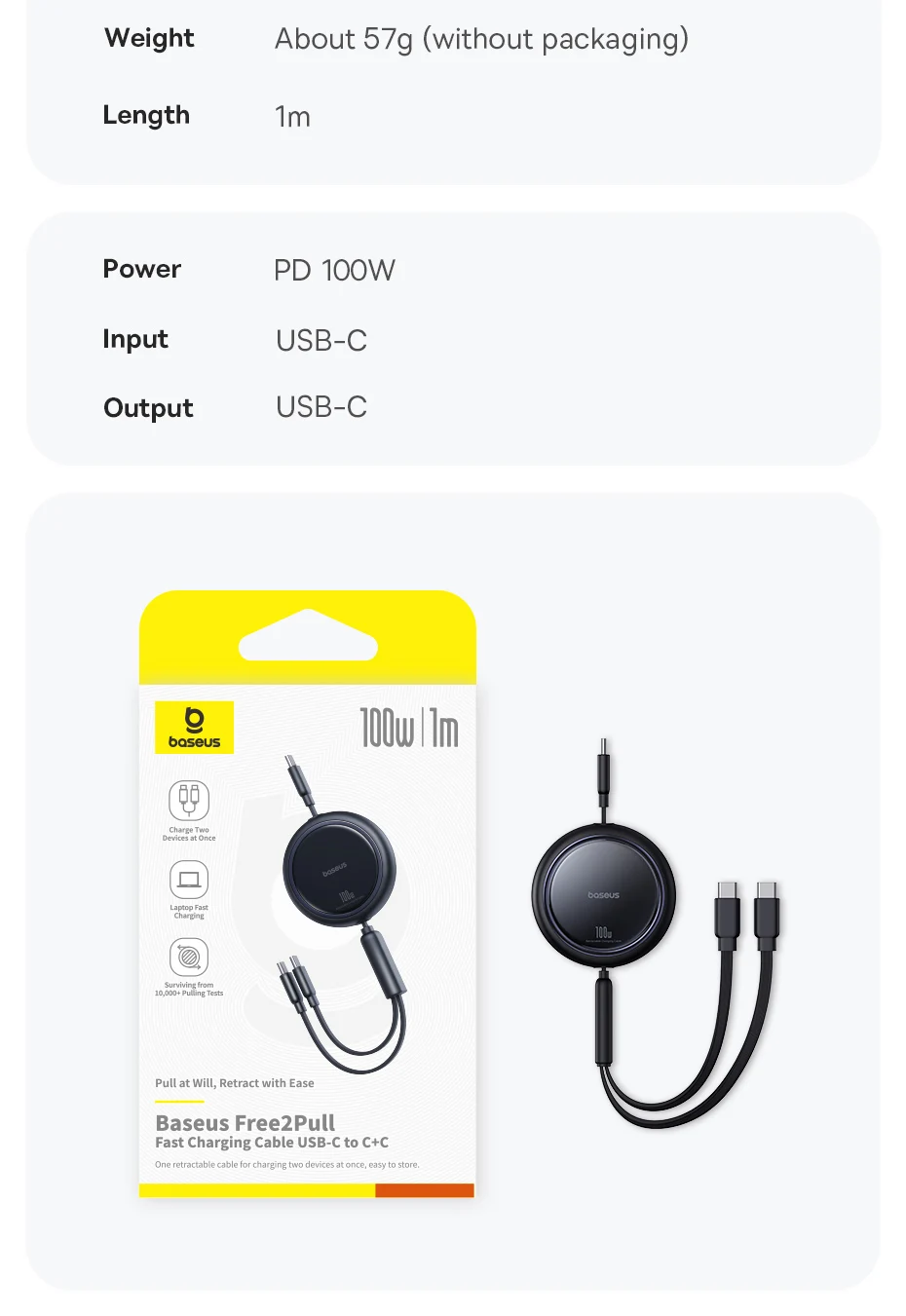 Baseus Retractable 2 in 1 USB C Cable For iphone 16 15 pro max 100W Type C Cable For Macbook Fast Charging for Huawei Xiaomi