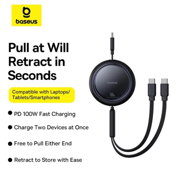 Baseus Free2Pull 2-in-1 Retractable USB-C Cable 100W Fast Charging For Macbook iPhone 15 Huawei Xiaomi - Image 2