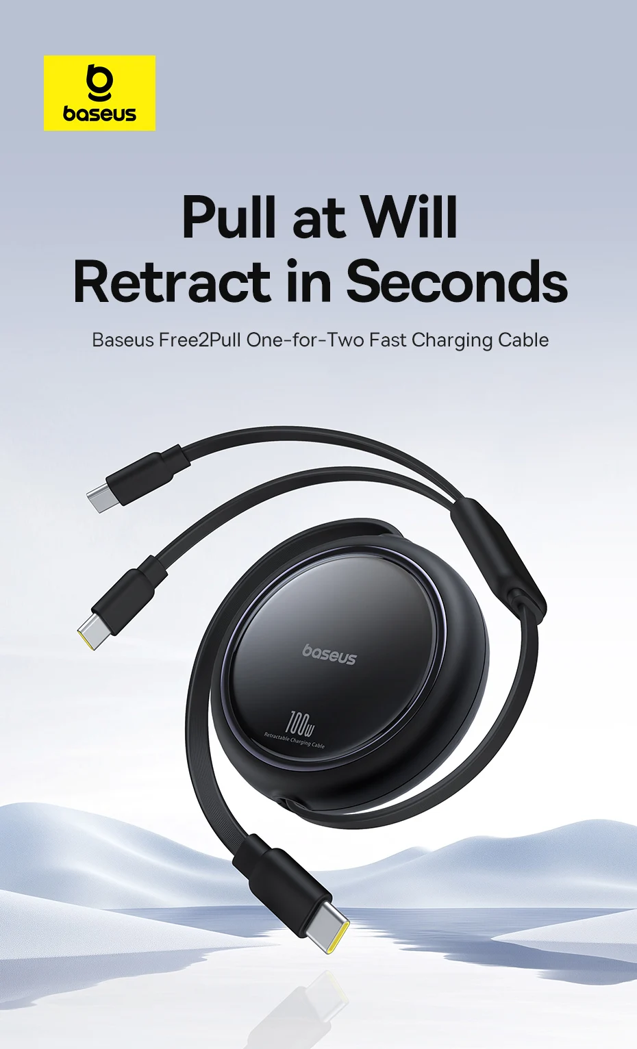 Baseus Retractable 2 in 1 USB C Cable For iphone 16 15 pro max 100W Type C Cable For Macbook Fast Charging for Huawei Xiaomi