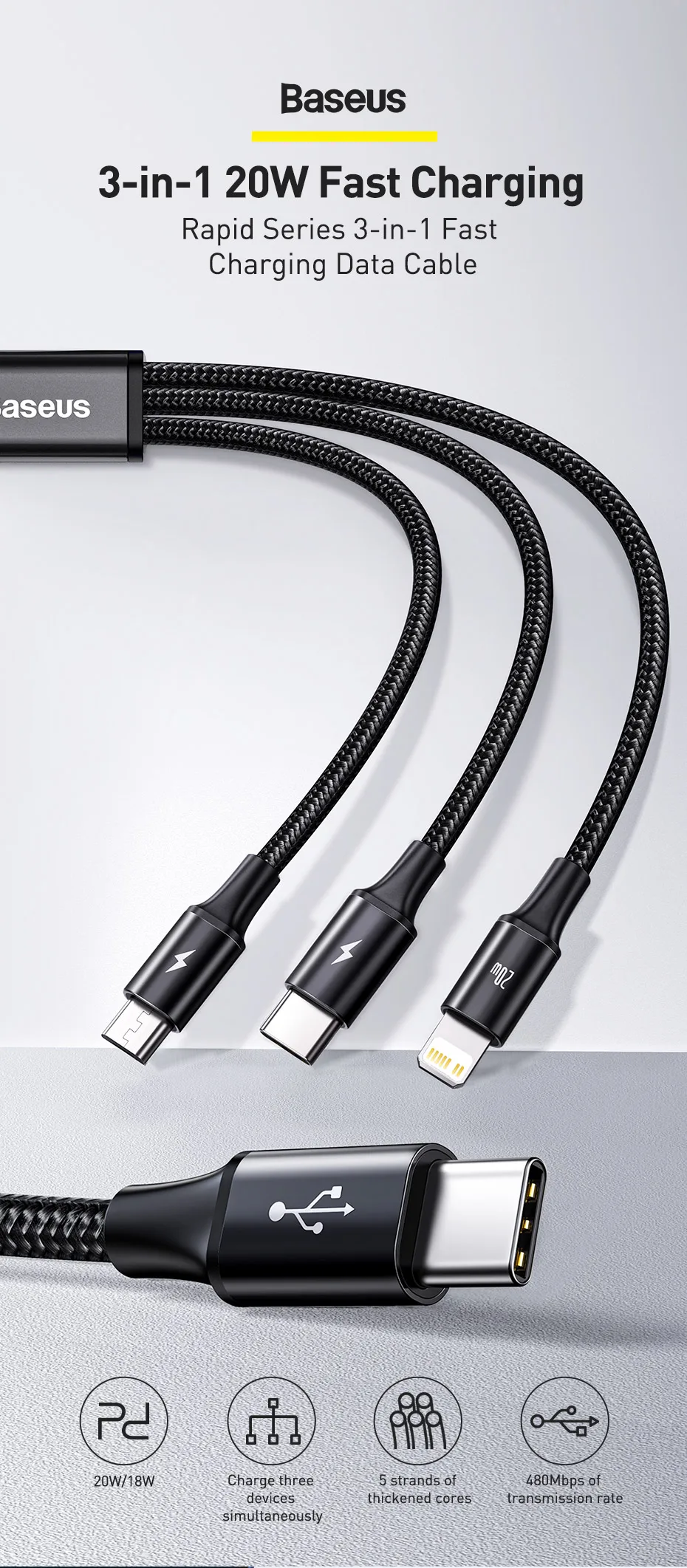 Baseus 20W PD 3 in 1 USB Type C Cable for iPhone 15 14 13 12 Xs Max Charger Cable for MacBook iPad Pro Samsung Xiaomi USB Cable