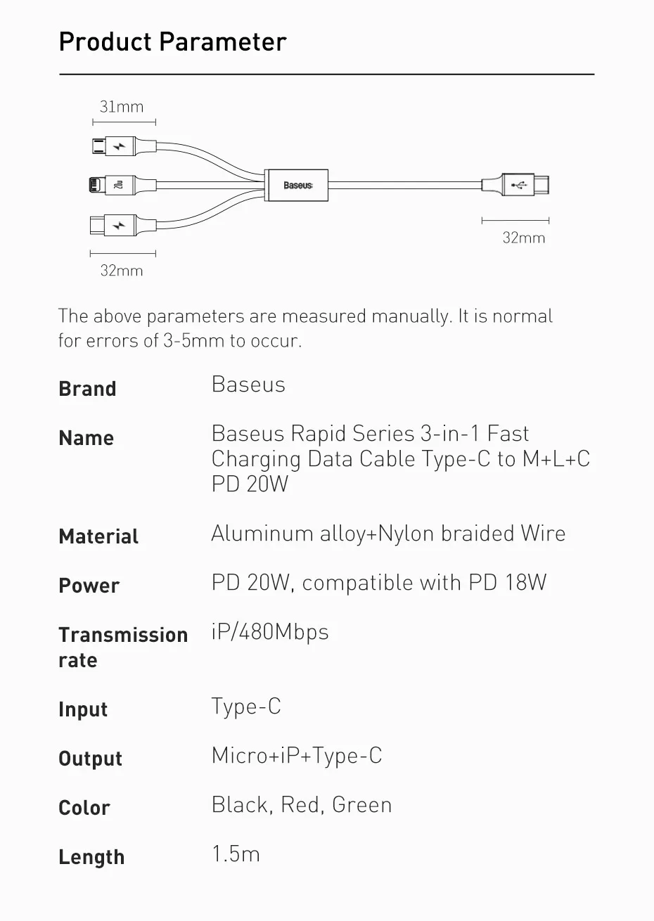 Baseus 20W PD 3 in 1 USB Type C Cable for iPhone 15 14 13 12 Xs Max Charger Cable for MacBook iPad Pro Samsung Xiaomi USB Cable