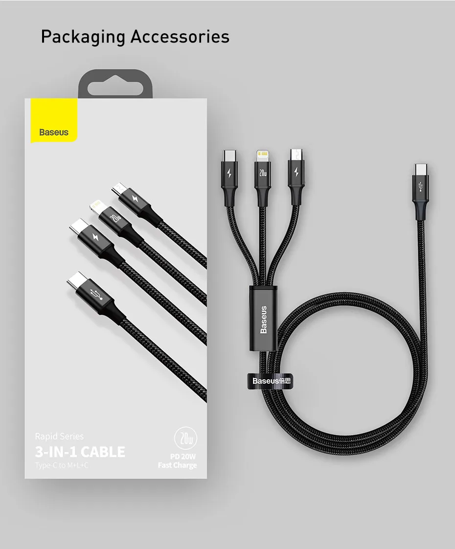 Baseus 20W PD 3 in 1 USB Type C Cable for iPhone 15 14 13 12 Xs Max Charger Cable for MacBook iPad Pro Samsung Xiaomi USB Cable