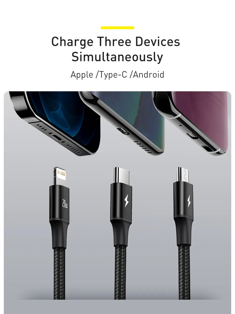 Baseus 20W PD 3 in 1 USB Type C Cable for iPhone 15 14 13 12 Xs Max Charger Cable for MacBook iPad Pro Samsung Xiaomi USB Cable