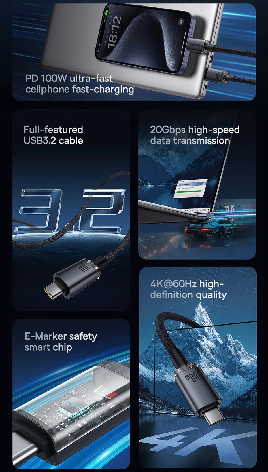 Baseus USB3.2 20Gbps Data Cable 4K@60Hz 100W USB C Cable for iPhone 15 MacBook iPad Pro Fast Charging Cable For Xiaomi Samsung
