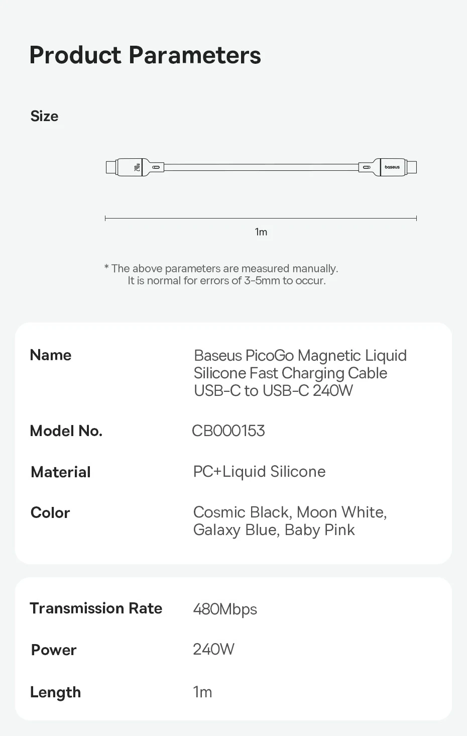 Baseus Picogo 240W USB C Cable for iPhone 16 15 Magnetic Fast Charging Type C Cable For Macbook Liquid Silicone Wire For Samsung