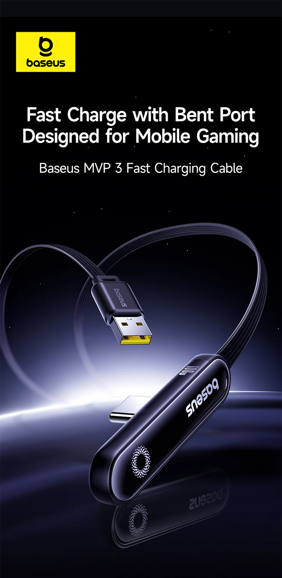 Baseus MVP3 Elbowed 100W USB Cable For Huawei Honor LED USB Cable Type C for Tablet Fast Charging Data Wire
