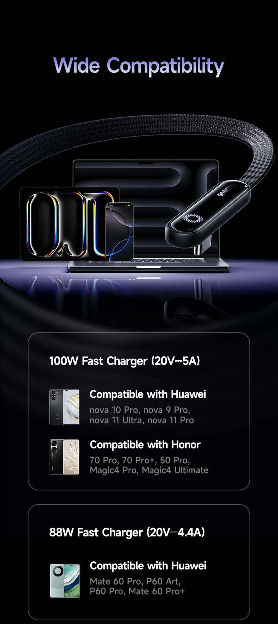 Baseus MVP3 Elbowed 100W USB Cable For Huawei Honor LED USB Cable Type C for Tablet Fast Charging Data Wire