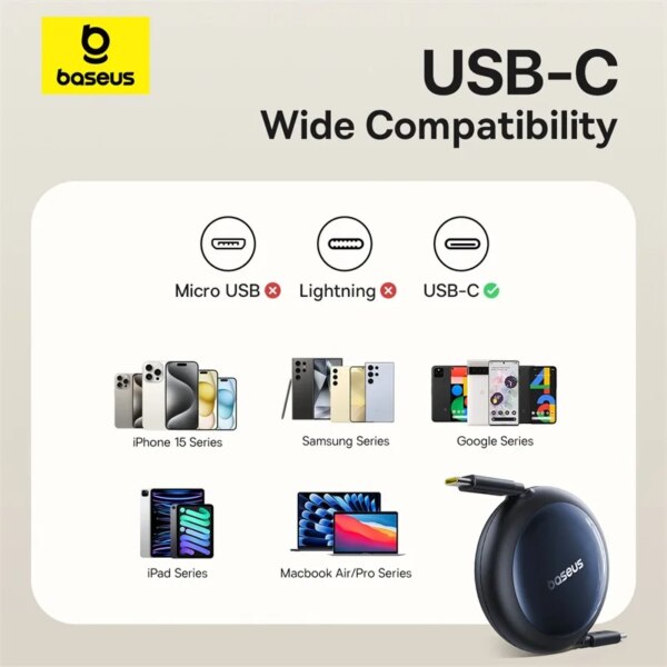 Baseus Nomos Retractable 100W USB C Cable Fast Charging For iPhone MacBook Samsung - Image 3