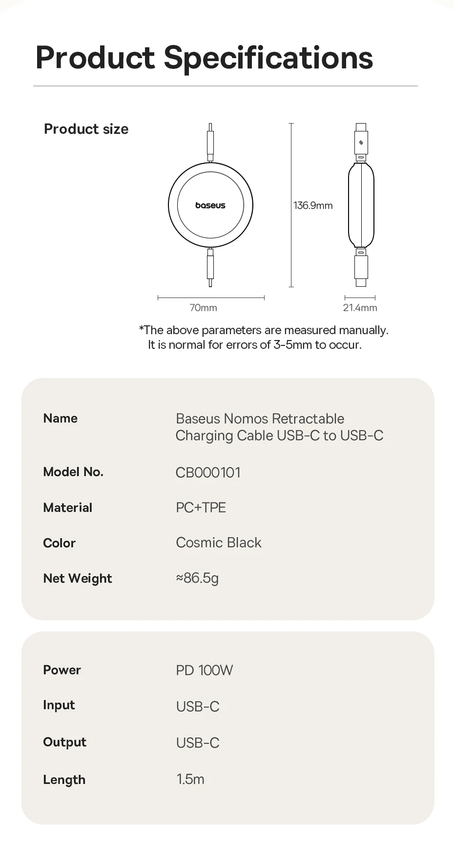 Baesus Nomos Retractable 100W USB C Cable For iPhone 16 15 Plus Pro Max Fast Charging Cable For MacBook Type C Cable For Samsung