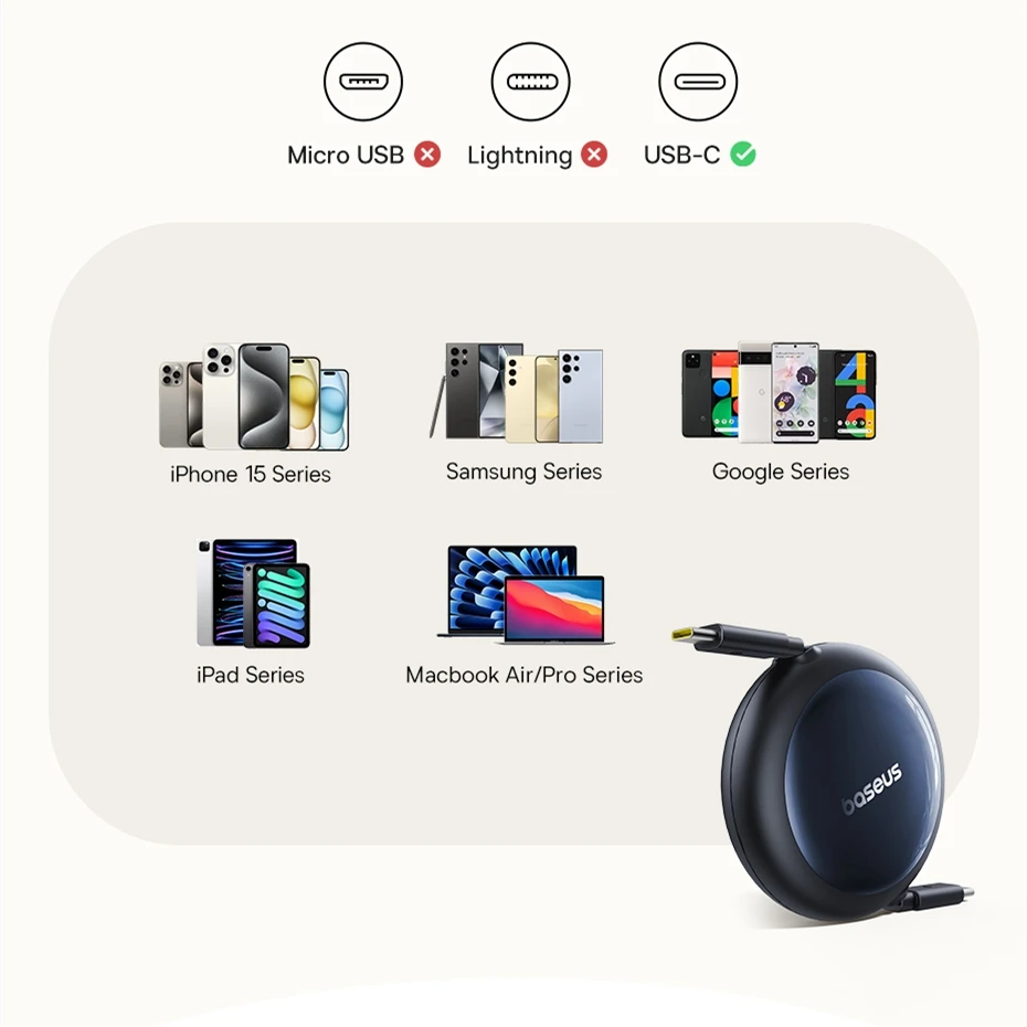 Baesus Nomos Retractable 100W USB C Cable For iPhone 16 15 Plus Pro Max Fast Charging Cable For MacBook Type C Cable For Samsung