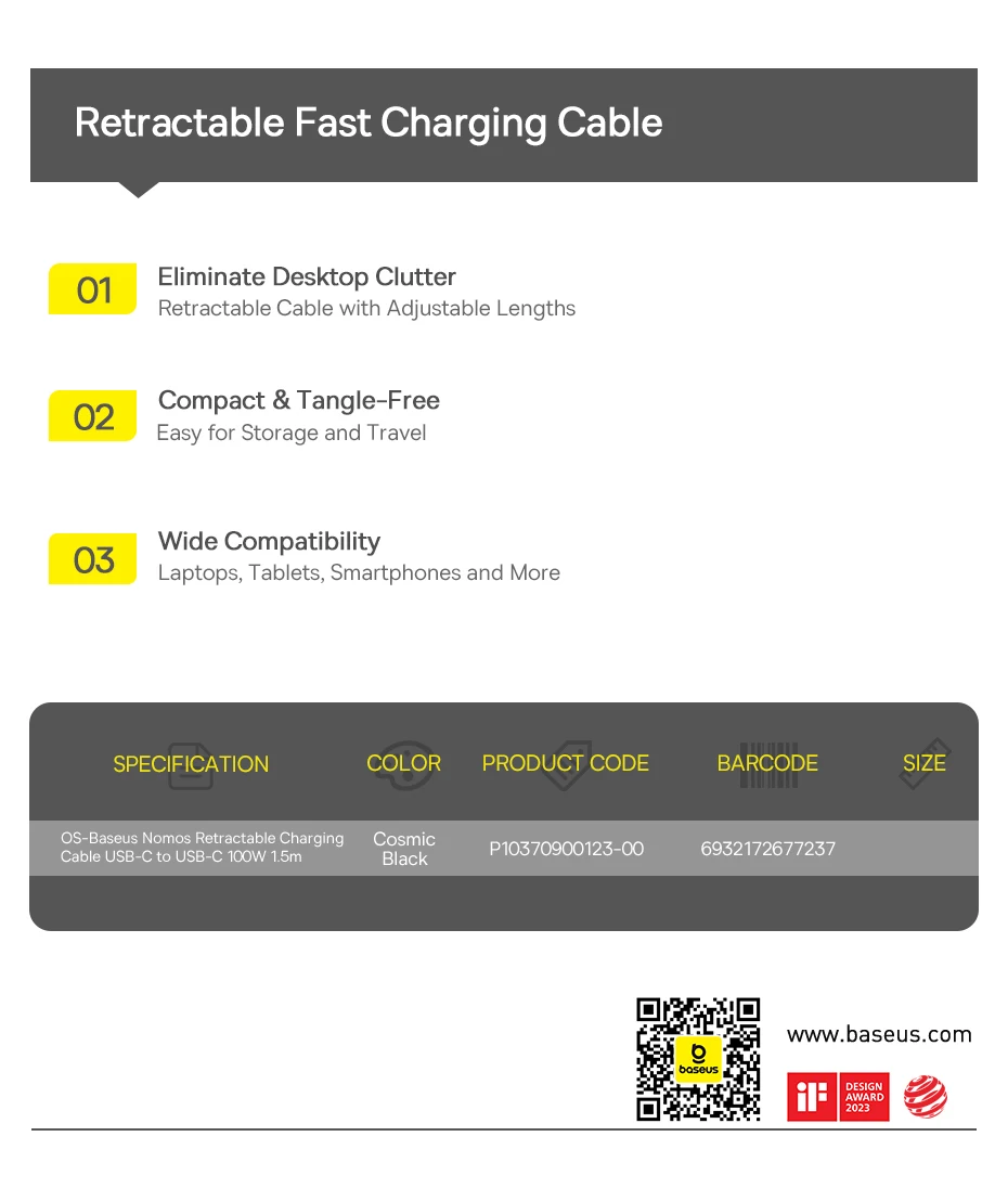 Baesus Nomos Retractable 100W USB C Cable For iPhone 16 15 Plus Pro Max Fast Charging Cable For MacBook Type C Cable For Samsung