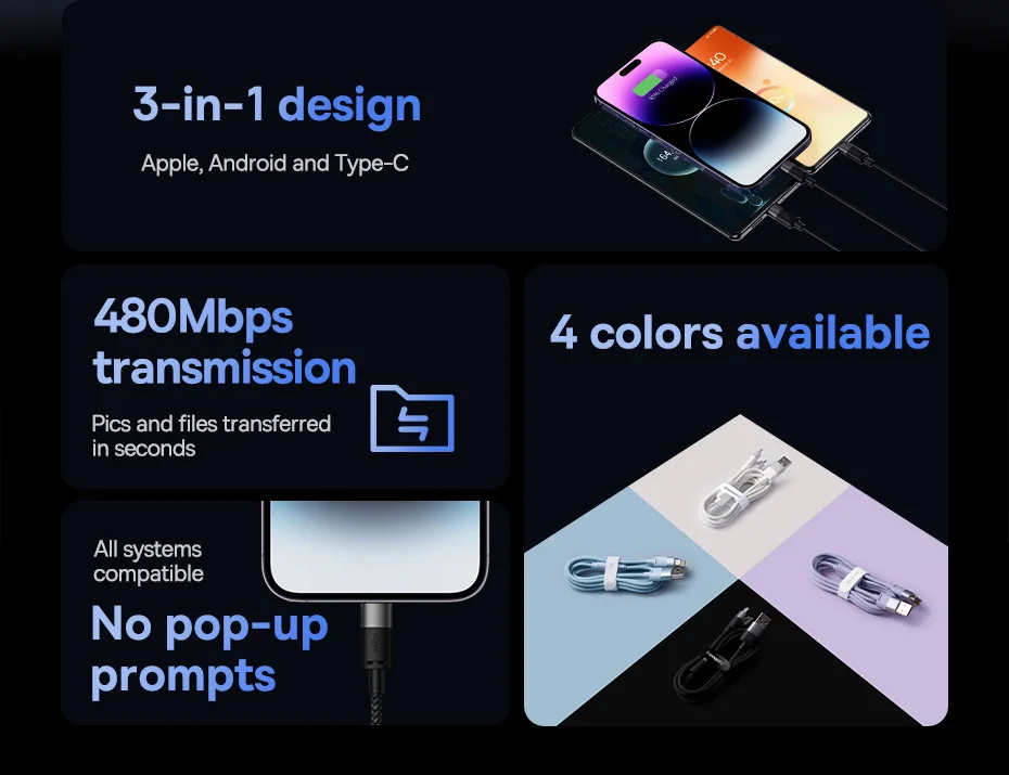 Baseus 3 in 1 USB C Cable for iPhone 14 13 12 Pro 11 3.5A Charger Cable Micro USB C Type C Cable for Macbook Pro Samsung Xiaomi