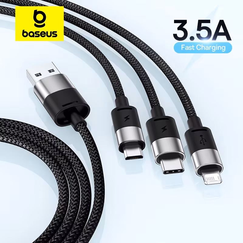 Baseus 3-in-1 Fast Charging Cable 3.5A USB C Micro iPhone Charger for Samsung Xiaomi Macbook Baseus 3-in-1 Fast Charging Cable 3.5A USB C Micro iPhone Charger for Samsung Xiaomi Macbook