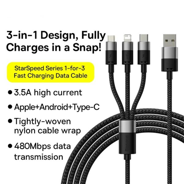 Baseus 3-in-1 Fast Charging Cable 3.5A USB C Micro iPhone Charger for Samsung Xiaomi Macbook - Image 6