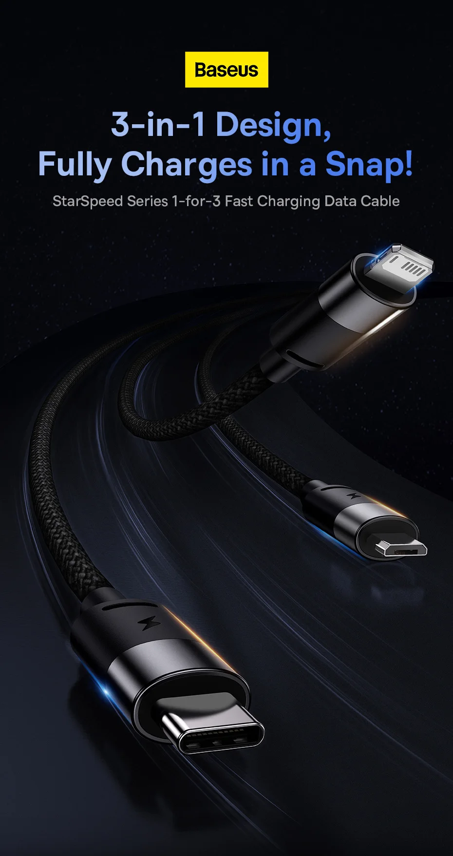 Baseus 3 in 1 USB C Cable for iPhone 14 13 12 Pro 11 3.5A Charger Cable Micro USB C Type C Cable for Macbook Pro Samsung Xiaomi