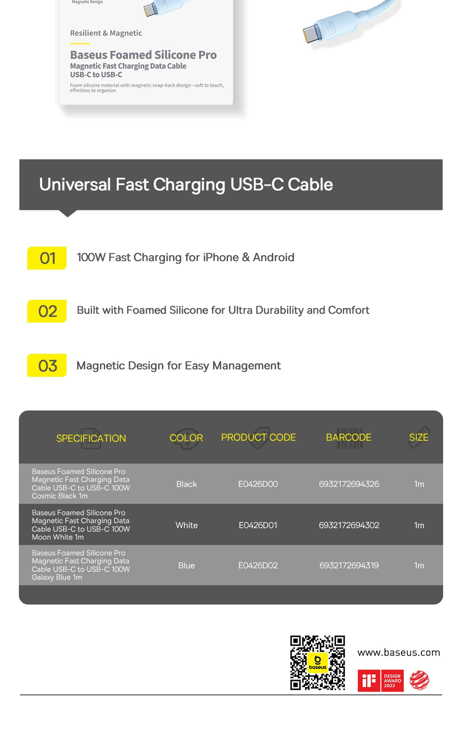 Baseus Foamed Silicone USB C Cable For iPhone 16 15 Self-organizing 100W Type C Cable For Macbook Samsung Xiaomi Fast Charging