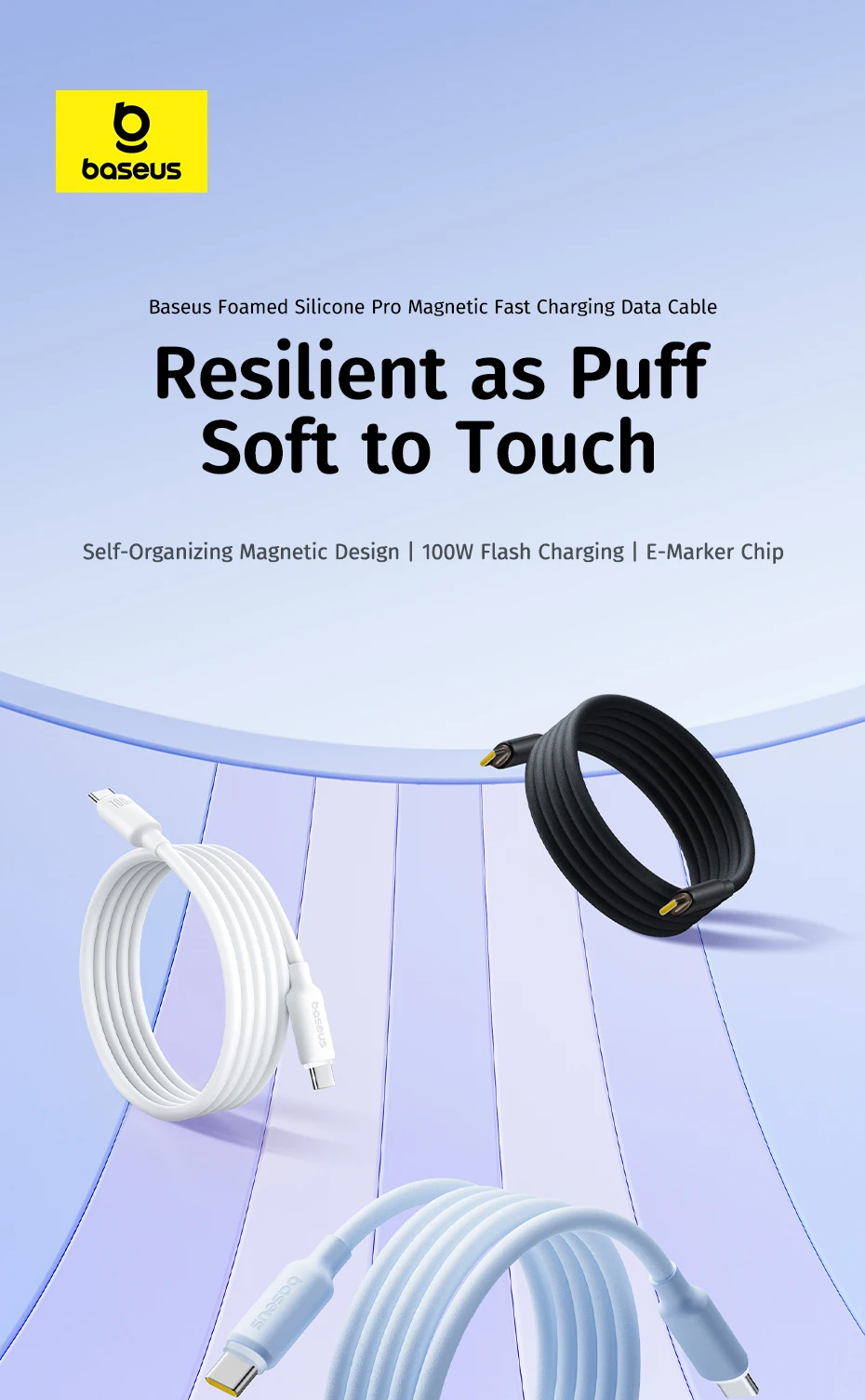 Baseus Foamed Silicone USB C Cable For iPhone 16 15 Self-organizing 100W Type C Cable For Macbook Samsung Xiaomi Fast Charging