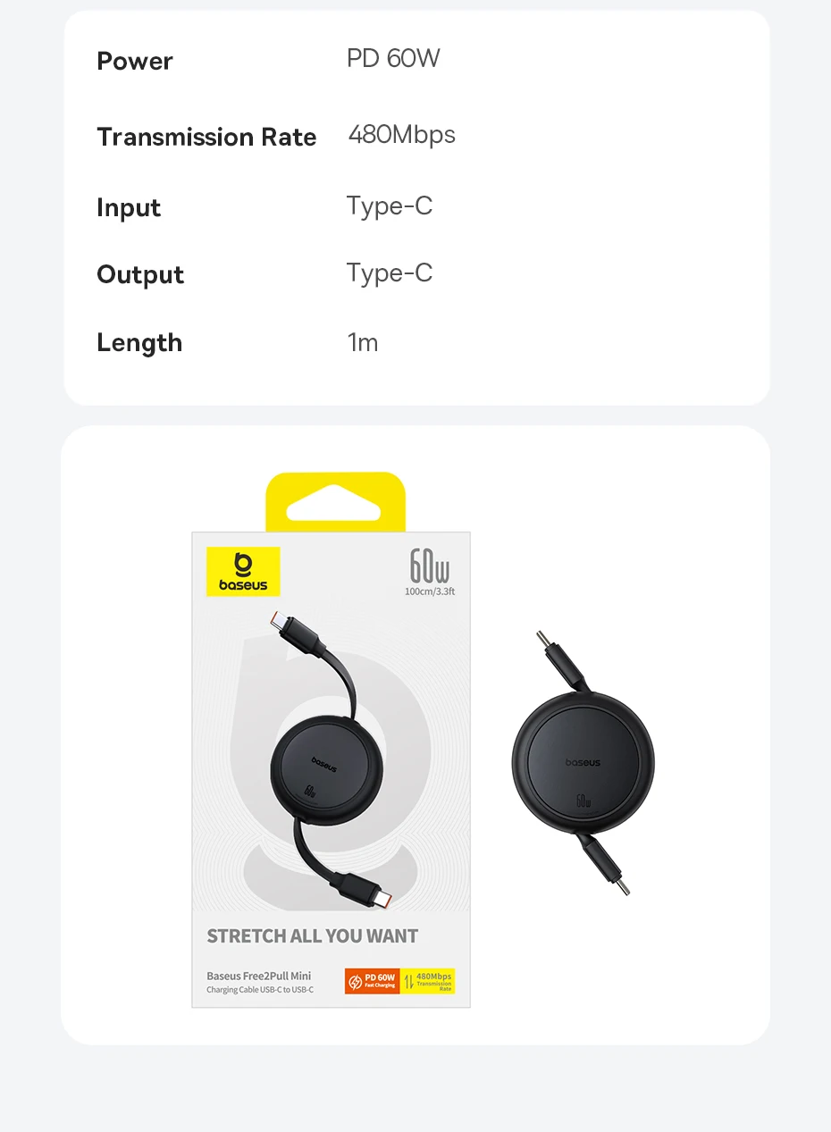 Baesus Retractable 60W USB C Cable For iPhone 16 15 Plus Pro Max Fast Charging Cable For MacBook iPad Type C Cable For Xiaomi