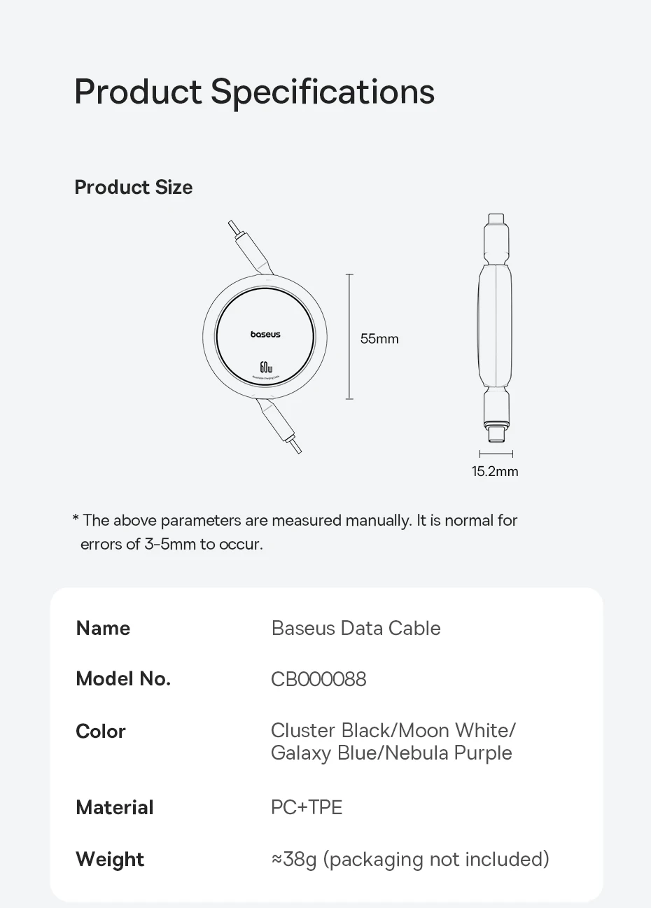 Baesus Retractable 60W USB C Cable For iPhone 16 15 Plus Pro Max Fast Charging Cable For MacBook iPad Type C Cable For Xiaomi