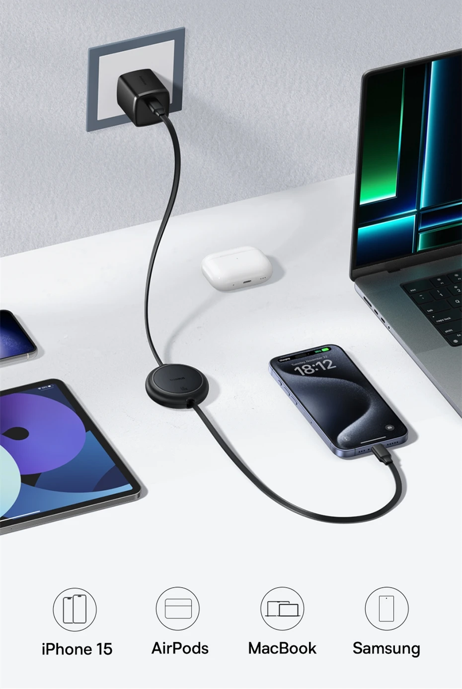 Baesus Retractable 60W USB C Cable For iPhone 16 15 Plus Pro Max Fast Charging Cable For MacBook iPad Type C Cable For Xiaomi