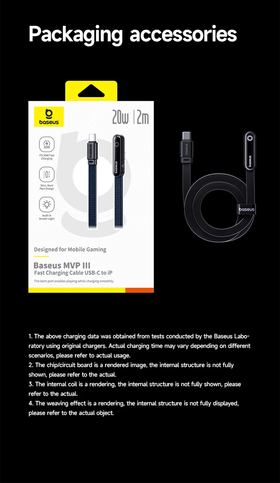 Baseus MVP3 Elbowed 20W USB C Cable For iPhone 14 13 12 LED USB Cable Type C for iPad Pro Fast Charging Data Wire