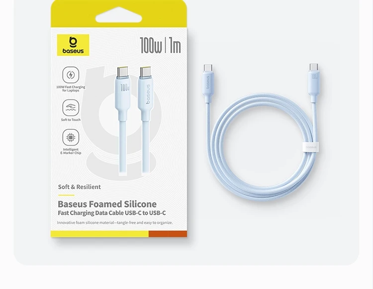 Baseus Foam Silicone USB Type C to USB C Cable 100W For iPhone 16 15 Fast Charging Type C Cable for Macbook Samsung Xiaomi