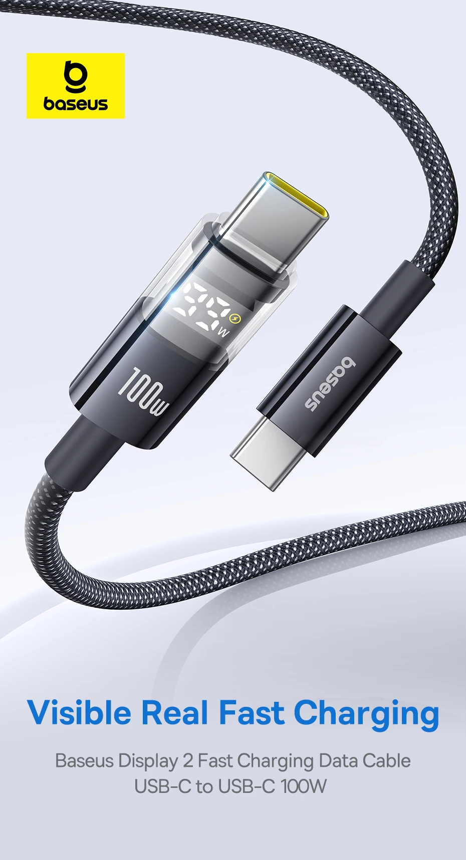 Baseus USB C Cable 100W For iPhone 17 16 15 Pro Max LED Dispaly USB Cable Type C for Macbook pro Fast Charge Wire for Xiaomi