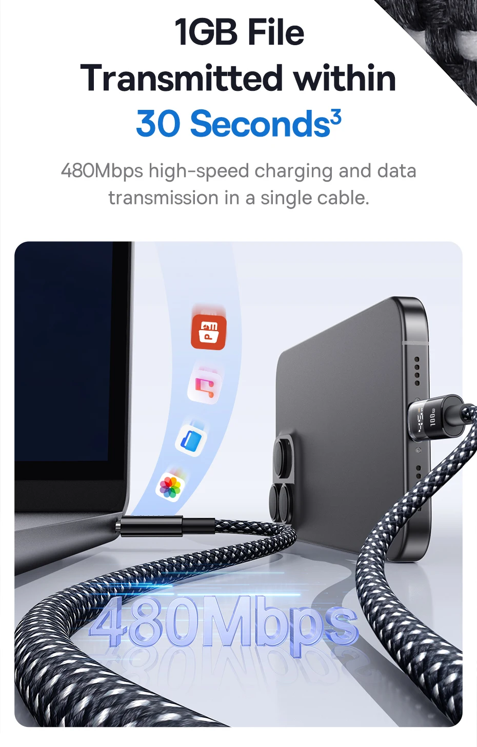 Baseus USB C Cable 100W For iPhone 17 16 15 Pro Max LED Dispaly USB Cable Type C for Macbook pro Fast Charge Wire for Xiaomi