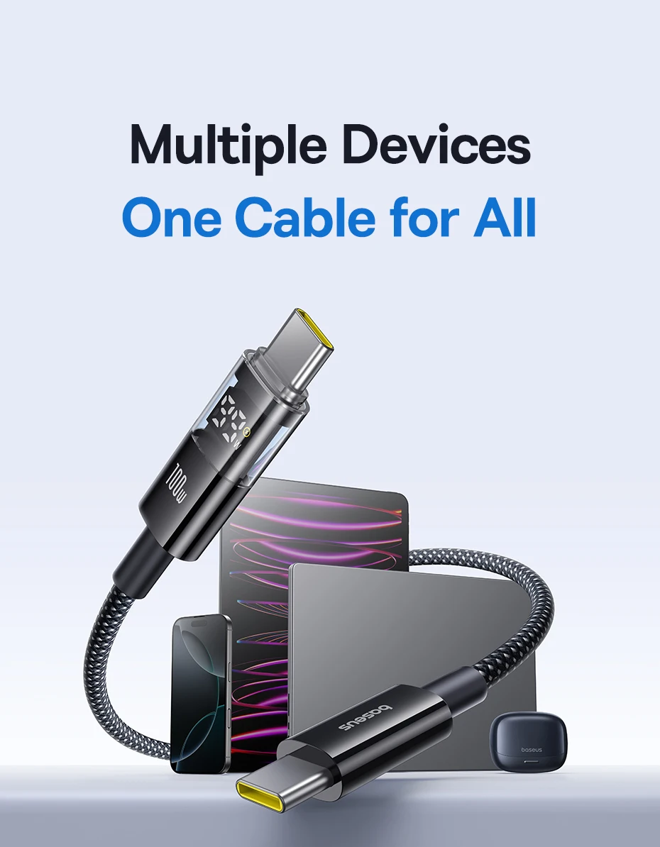 Baseus USB C Cable 100W For iPhone 17 16 15 Pro Max LED Dispaly USB Cable Type C for Macbook pro Fast Charge Wire for Xiaomi